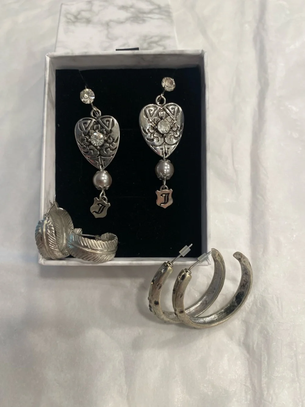 Silver Earring Bundle 3 Pair Set | Heart Dangle + Textured Hoops | Vintage Style - Picture 9 of 10
